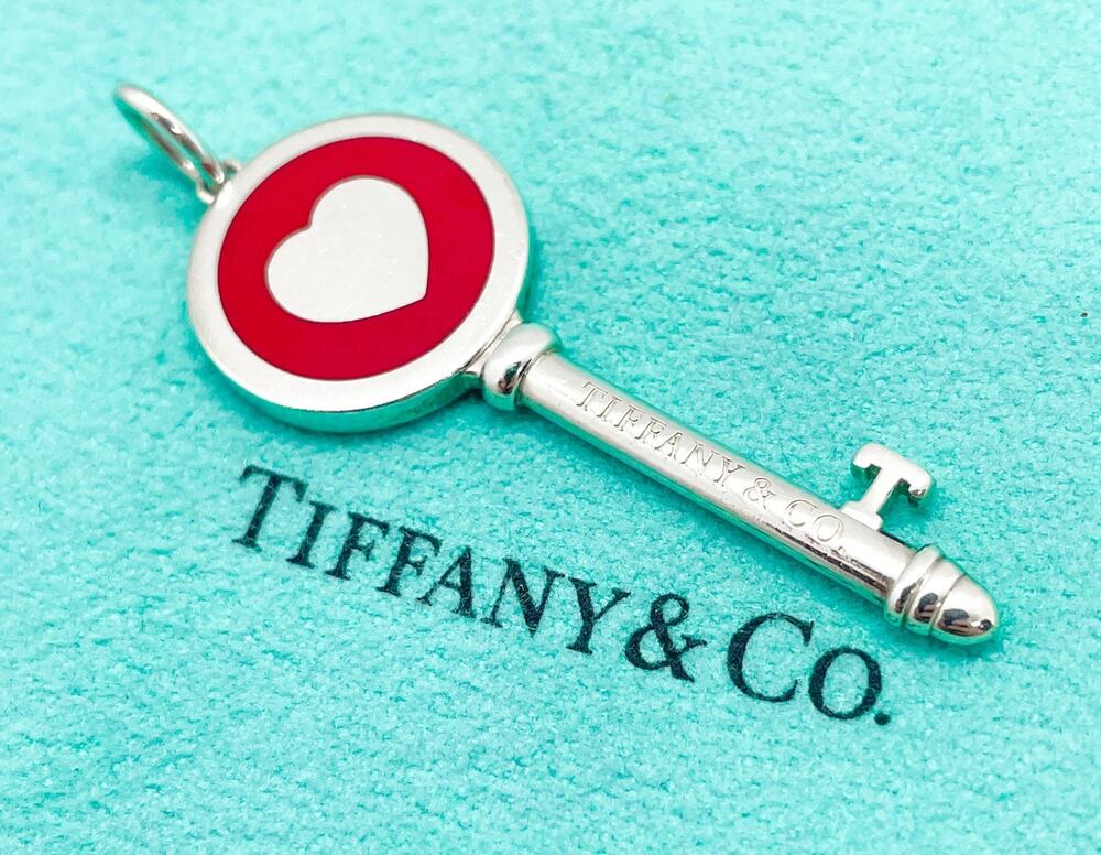 Tiffany & Co. Red Enamel Heart Key Pendant Sterling Silver w/ Pouch
